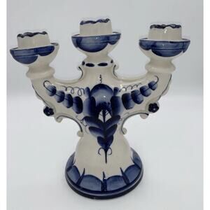 Vintage GZHEL Russian Candelabra Candle Holder White & Blue Porcelain Marked 8”